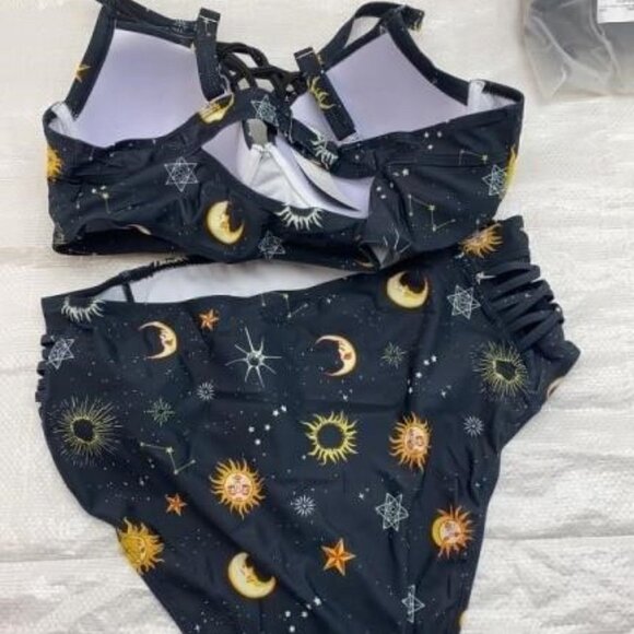 3x Plus Size Navy Celestial Swimsuit Tankini Set Sun Moon & Stars - Picture 2 of 3